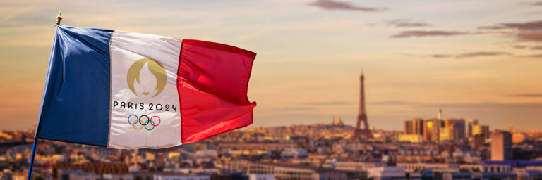 Paris Eiffel Tower background with French flag for the 2024 Summer Olympics