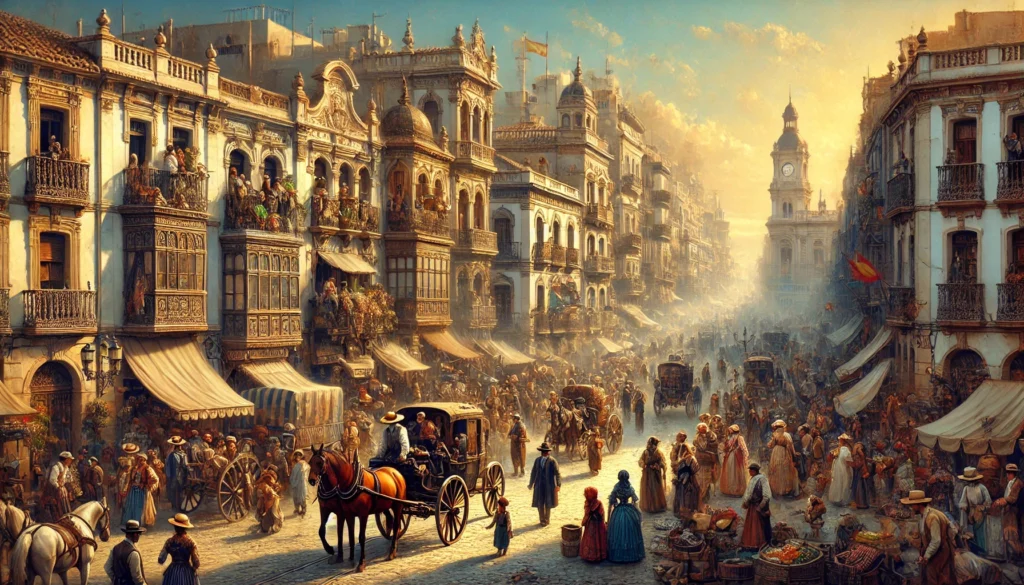 A bustling cityscape of Málaga, Spain, in the late 19th century, showcasing vibrant historical architecture, street vendors, and townspeople in period clothing.