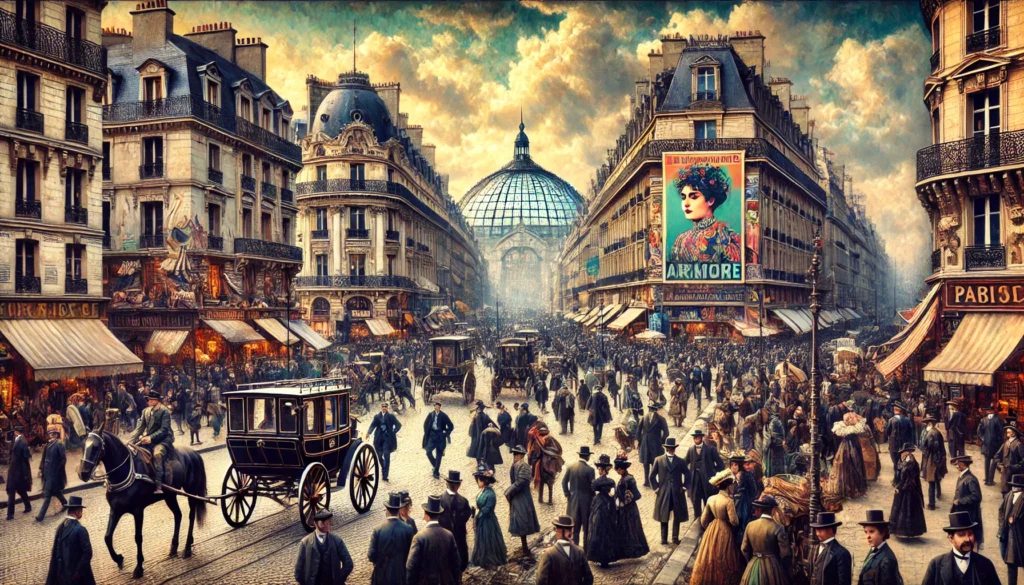 Images capturing the vibrant and avant-garde atmosphere of Paris in 1900 with bustling streets and historical architecture.