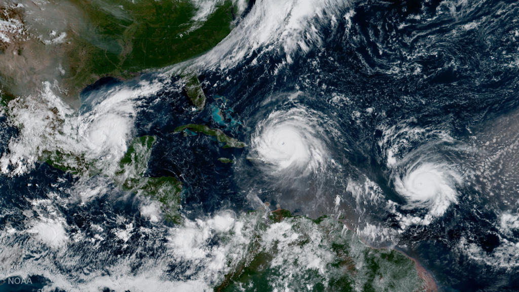 Three simultaneously active hurricanes on September 7. From left to right: Katia, Irma, and Jose, the first occurrence since 2010.