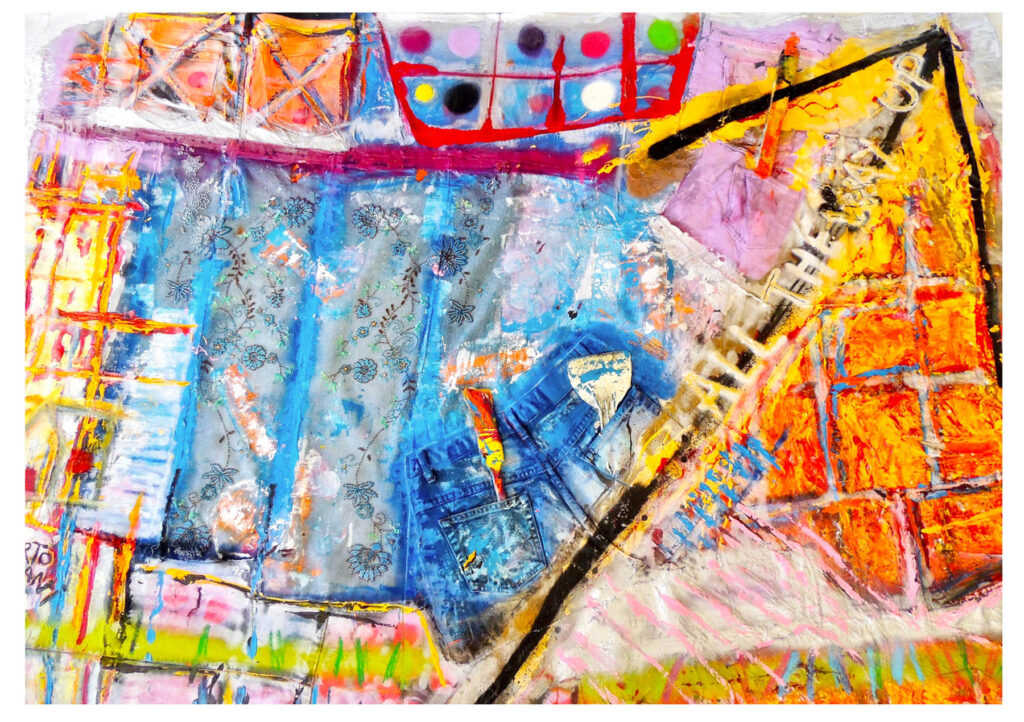 Abstract mixed-media artwork with denim jeans, paintbrush, bold colors, and textured patterns.