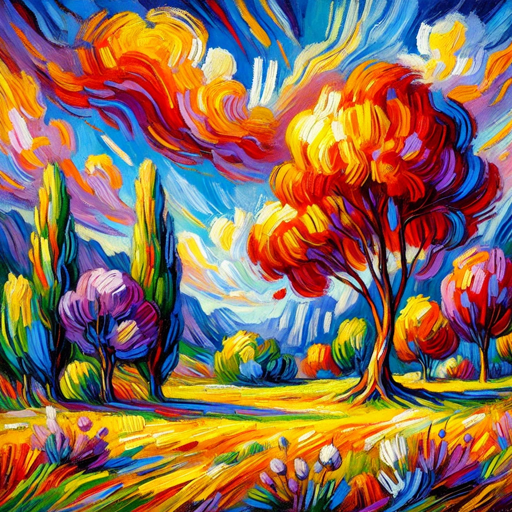 Fauvist-inspired landscape with bold colors, simplified forms, and expressive brushstrokes