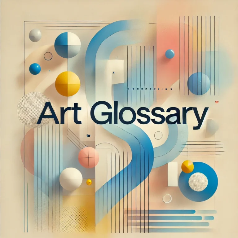 Image d'art abstrait avec des formes géométriques et des couleurs pastel comportant le texte "ART GLOSSARY