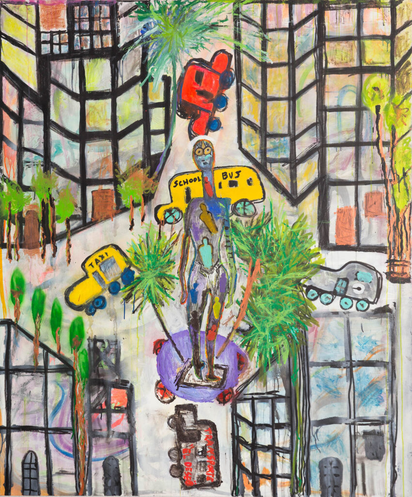 Abstract painting of a colorful cityscape with a central figure, vibrant buses, taxis, and buildings