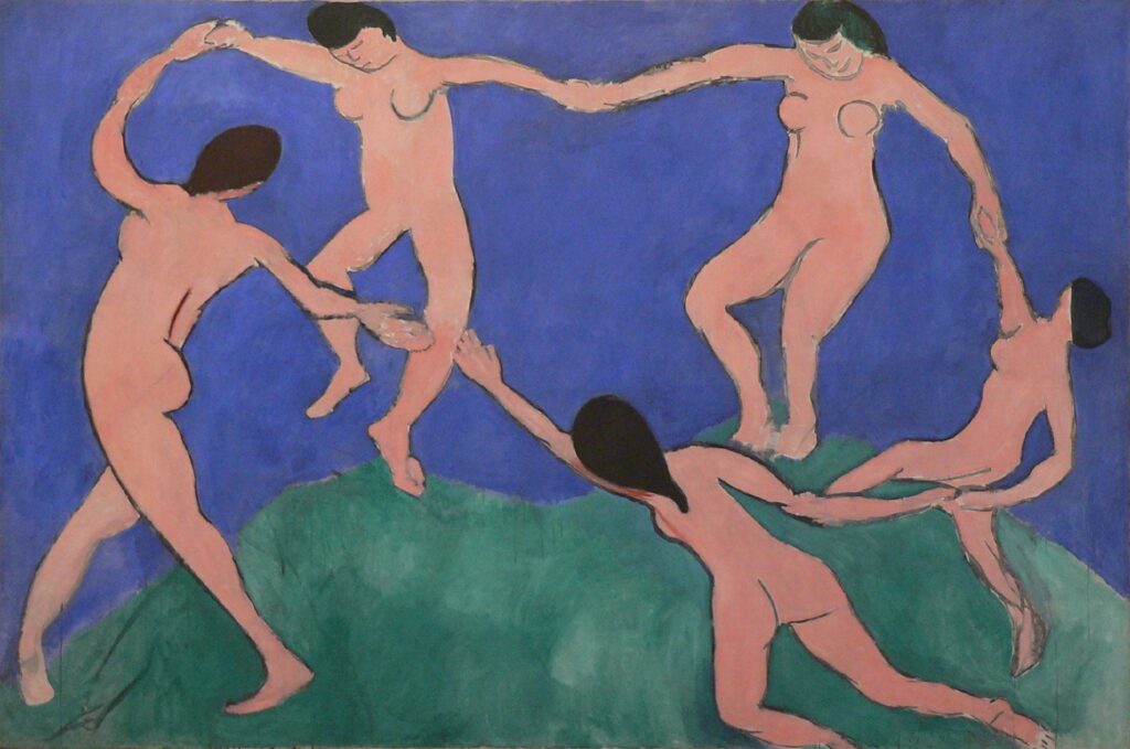 亨利馬蒂斯 (Henri Matisse) 的《舞蹈》畫作描繪了五個人物在充滿活力的藍色和綠色背景下跳舞的場景。