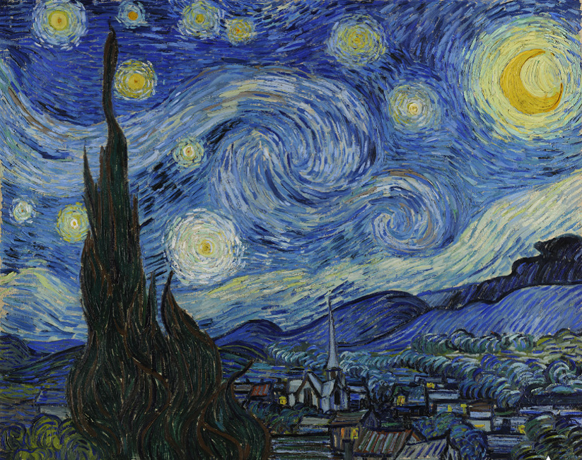 "La nuit étoilée", tableau de Vincent van Gogh représentant un ciel étoilé tourbillonnant au-dessus d'une ville tranquille.