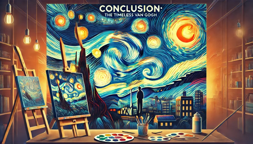 "Modern image in the style of Vincent van Gogh, featuring a vibrant night sky with swirling stars over a cityscape, an easel with a partially completed painting in the foreground, and the text 'Conclusion: The Timeless Legacy of Vincent van Gogh'"