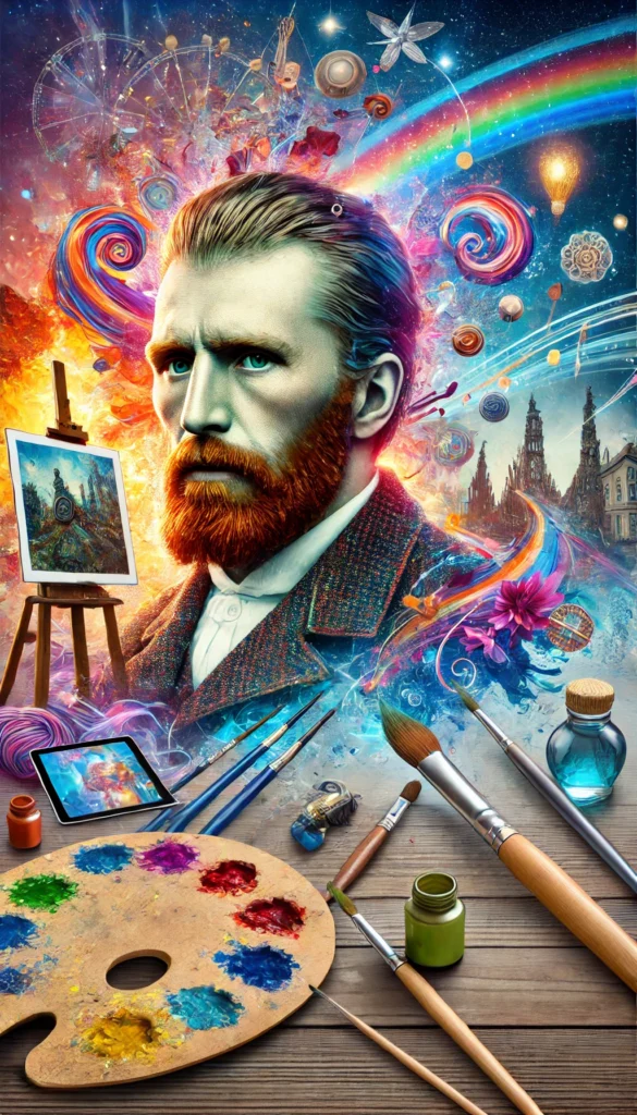 "Artistic depiction of Vincent van Gogh blending elements from his life and modern aspects"