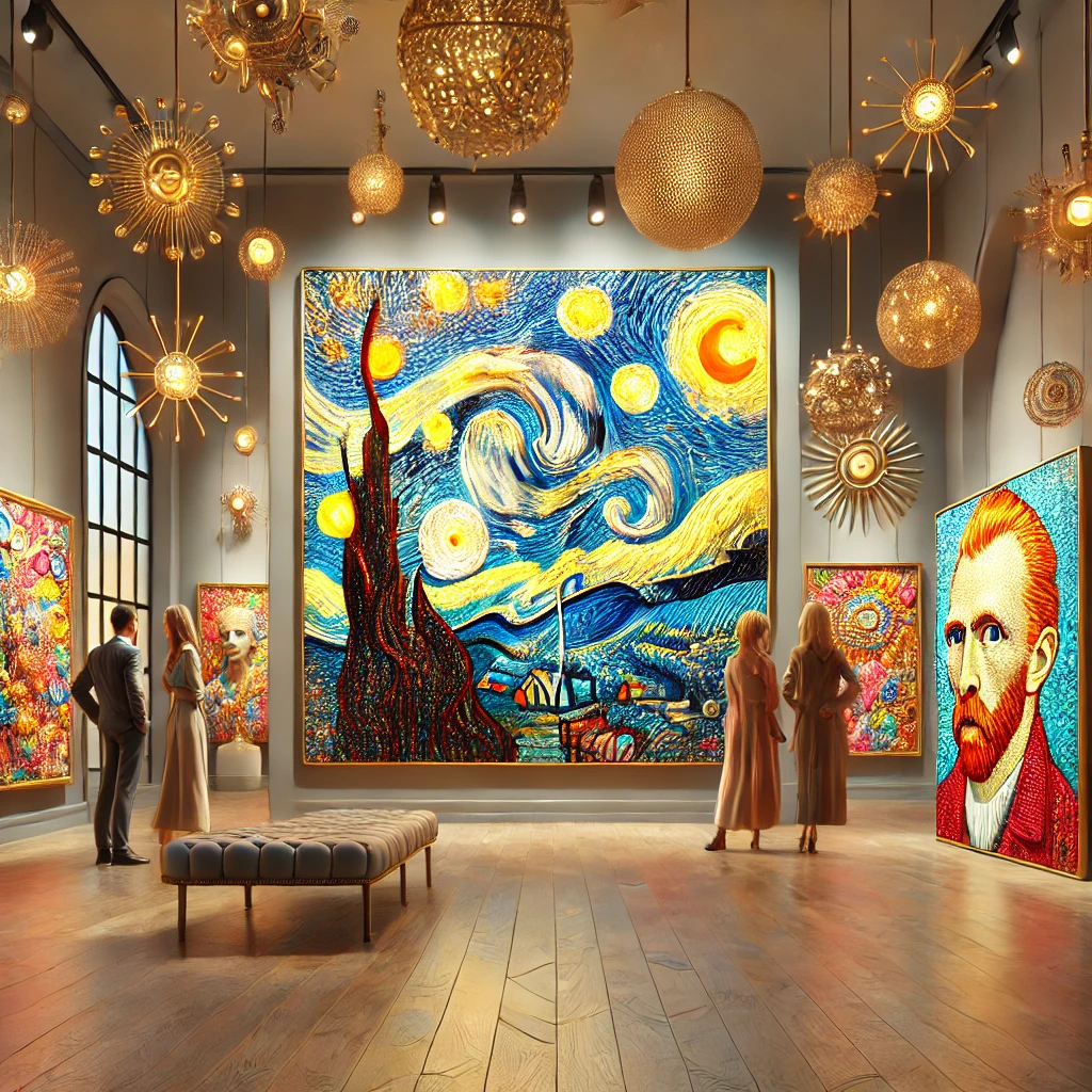 "Gallery setting with art collectors admiring works combining the emotional depth and techniques of Vincent van Gogh with modern art trends, featuring bright, bold colors and expressive elements"