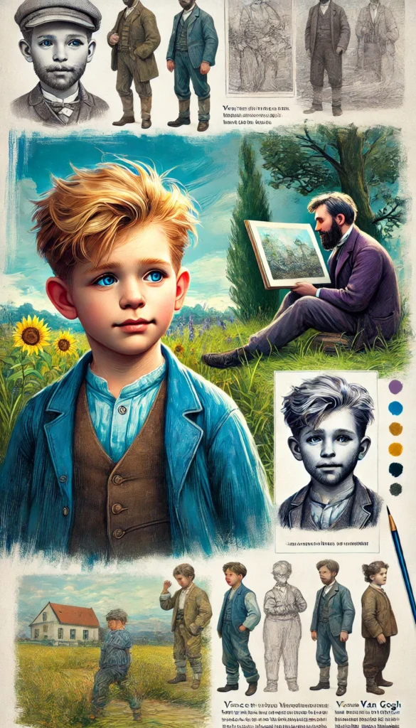 "El joven Vincent van Gogh con su hermano Theo en un entorno natural sereno, destacando su naturaleza sensible e introspectiva"