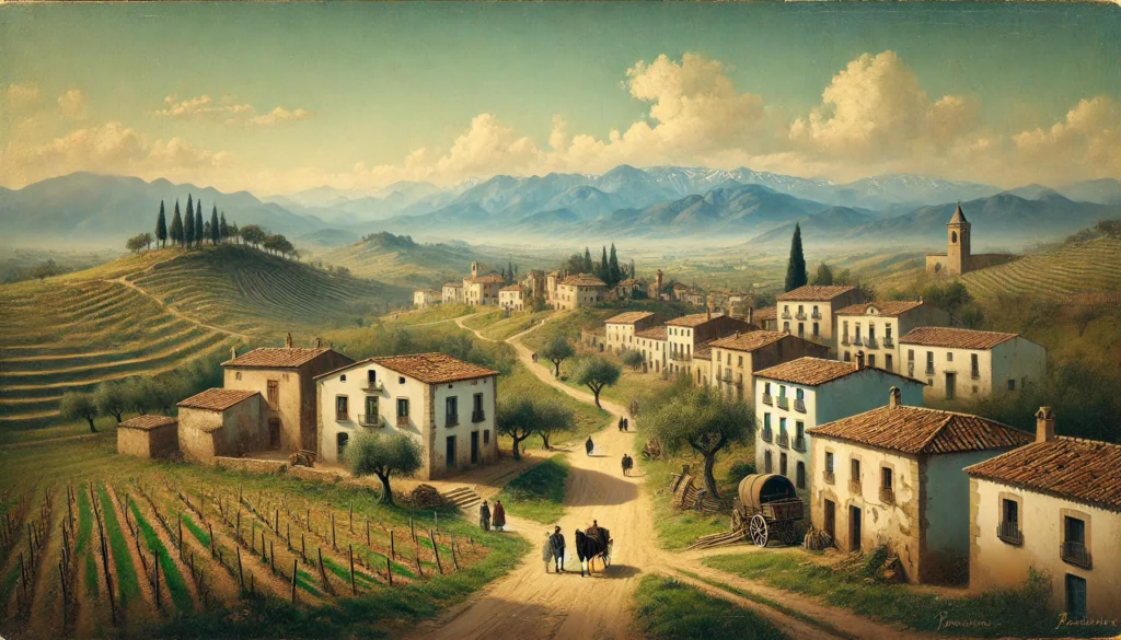 Paysage de Figueres, Catalogne, 11 mai 1904 - Village serein avec collines et montagnes lointaines