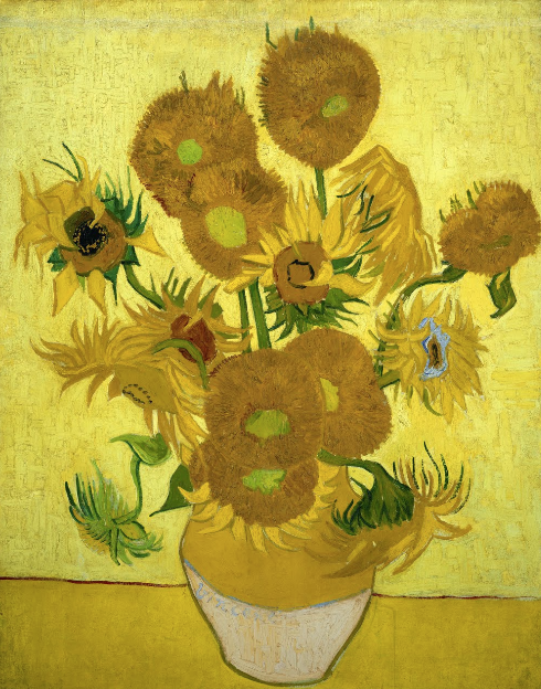 "Sunflowers by Vincent van Gogh, a vibrant still-life painting showcasing bright yellow sunflowers in a vase"