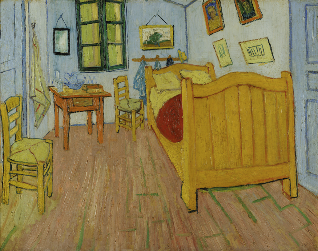 "'Bedroom in Arles' painting by Vincent van Gogh, depicting a simple yet colorful bedroom with vibrant tones and expressive lines"