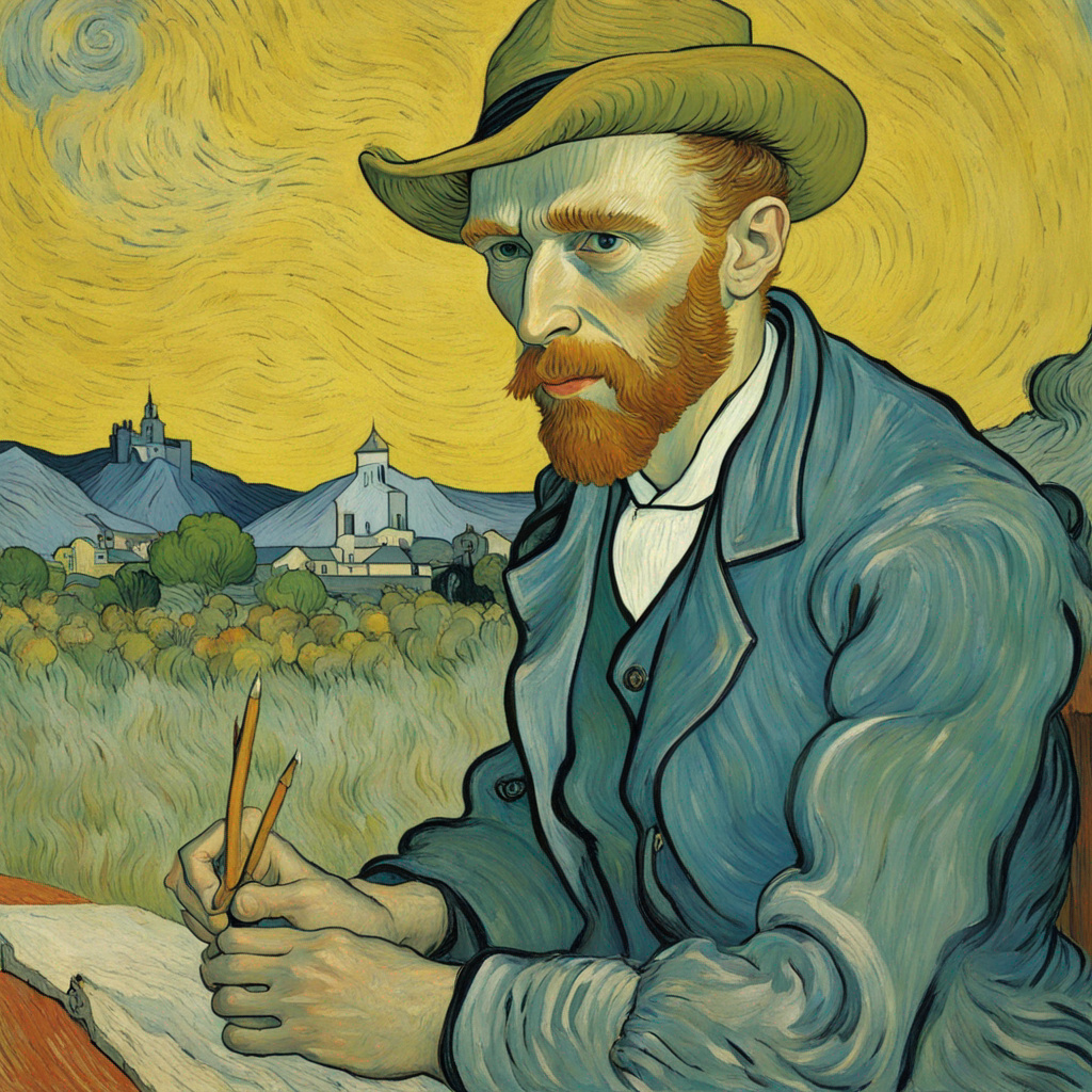 "La vida y el viaje artístico de Vincent van Gogh, capturando momentos clave y obras de arte de su carrera"