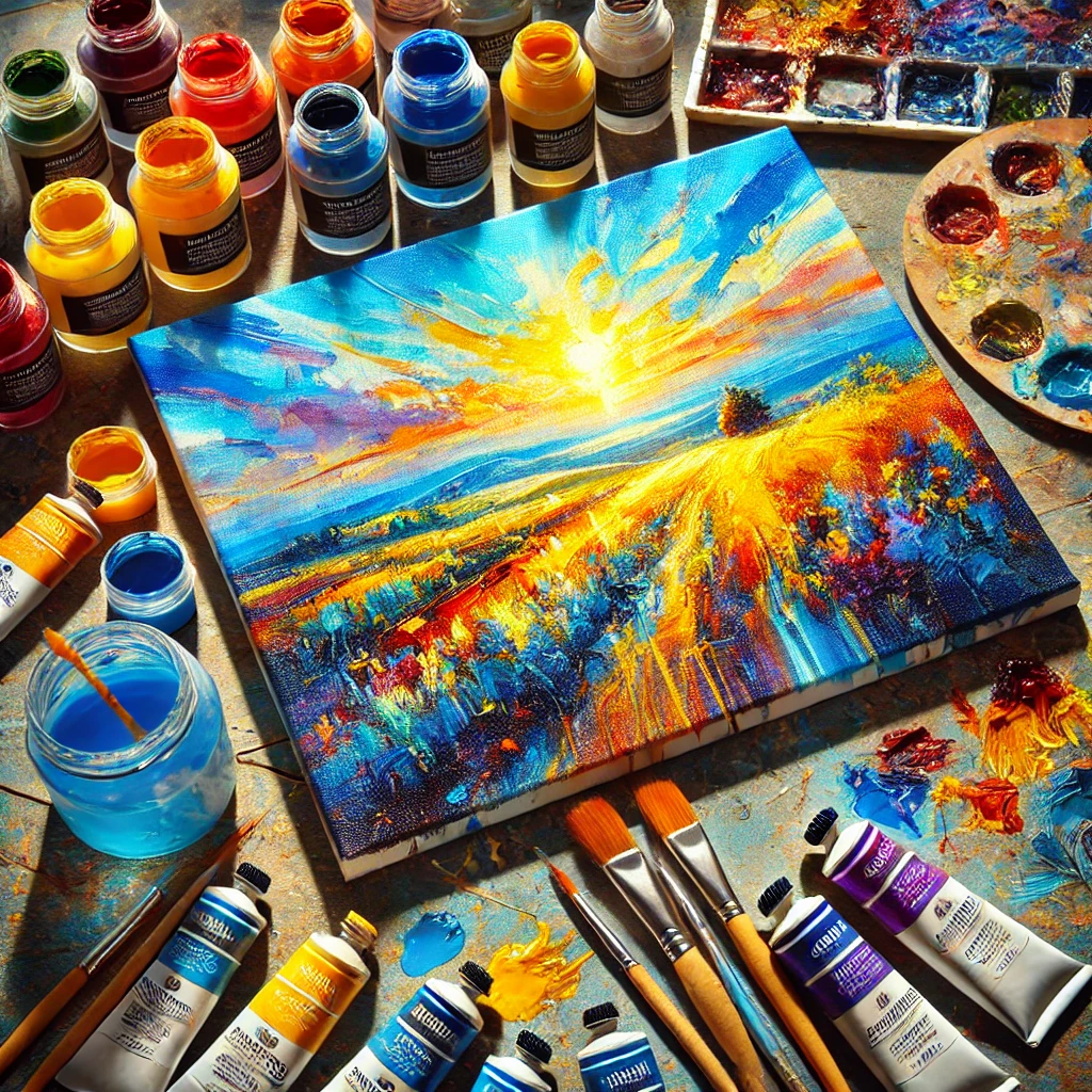 An artist's workspace with tubes of vibrant acrylic paints and brushes scattered around a canvas, demonstrating acrylic painting techniques.