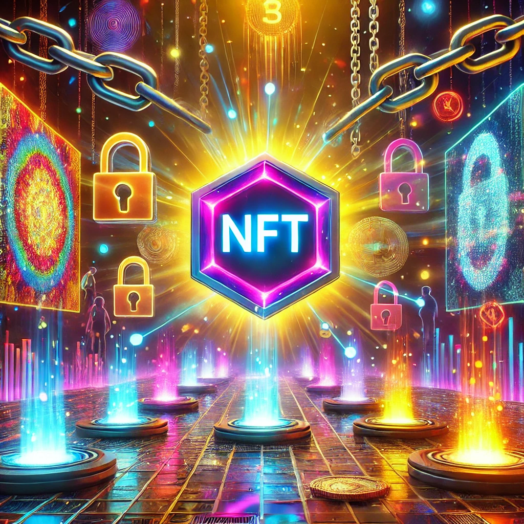 A vibrant and futuristic image of digital art and NFTs, featuring digital artworks on screens, blockchain symbols, and a colorful NFT token.