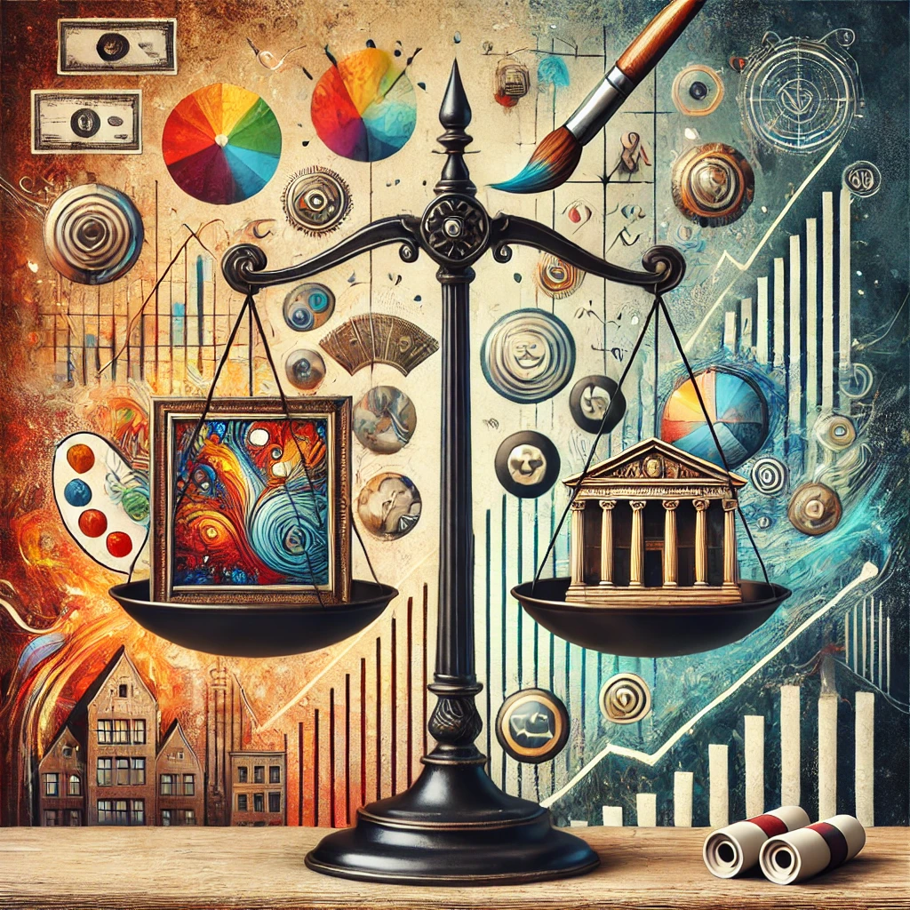 An artistic representation of art as an alternative investment class, contrasting artwork with traditional investments like stocks, bonds, and real estate on a balance scale.