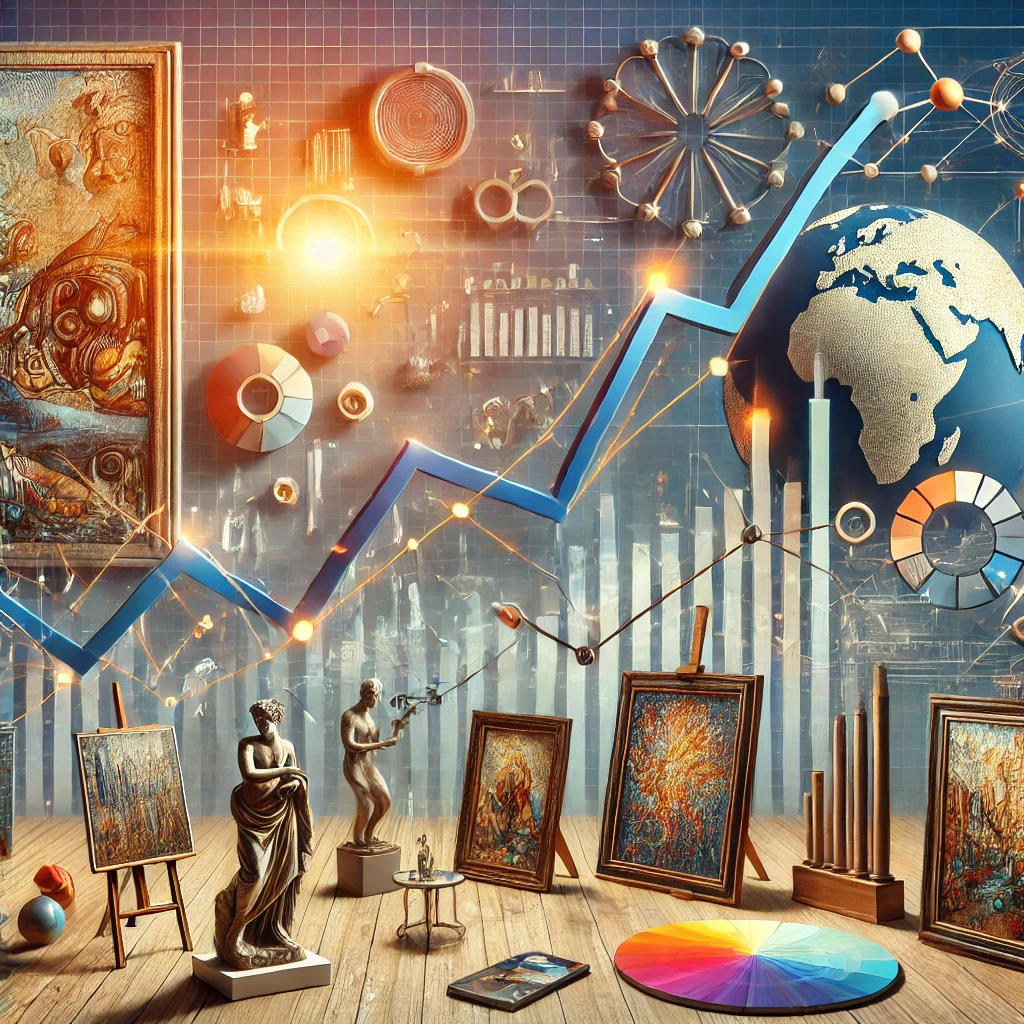 An image depicting the concept of art indexes and art market performance with a stylized graph showing rising and falling trends, surrounded by various artworks and global symbols.