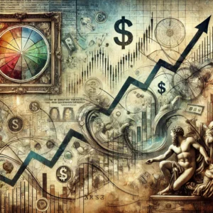 An artistic representation of the financial market's influence on art price evolution, featuring a blend of art elements and financial symbols.