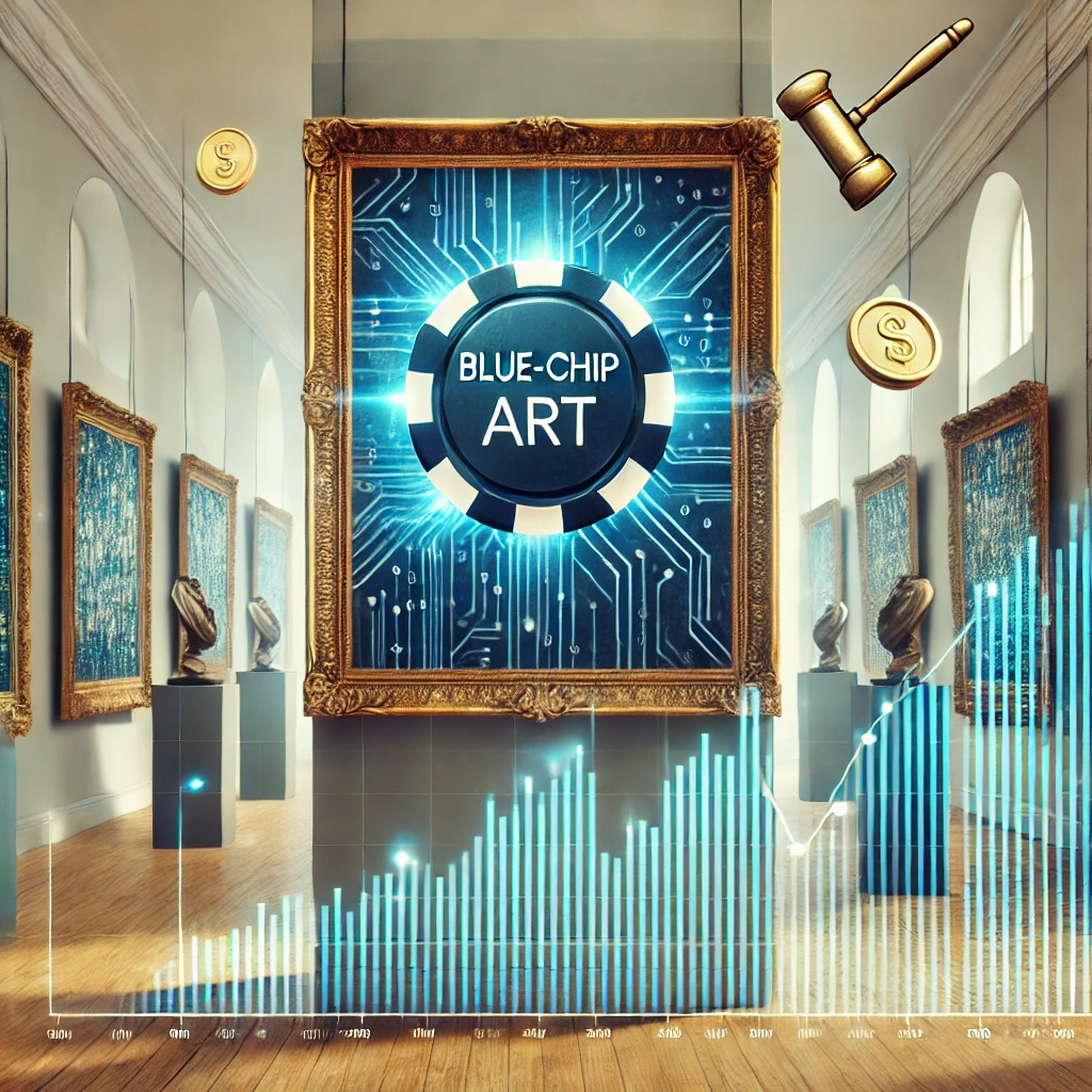 An artistic representation of blue-chip art investment, showing a gallery with artworks from famous artists, marked with blue chip symbols, and financial elements like graphs and gold coins.