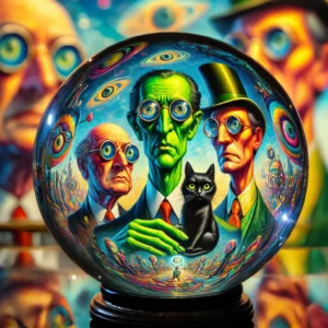 An artistic image of a crystal ball containing a colorful naive art painting with three abstract figures and a black cat.