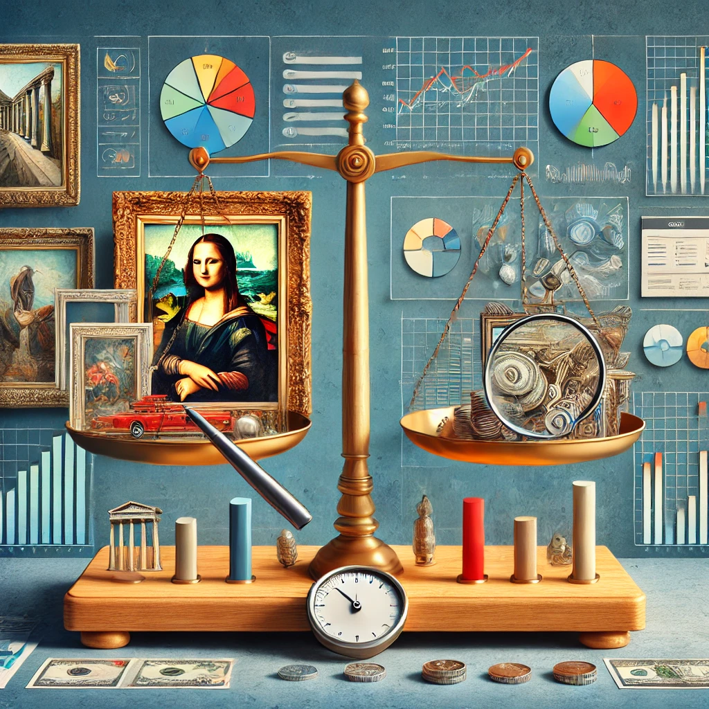 An image representing the evaluation of financial strengths in art investments, featuring a mix of art pieces, financial charts, and a balance scale.