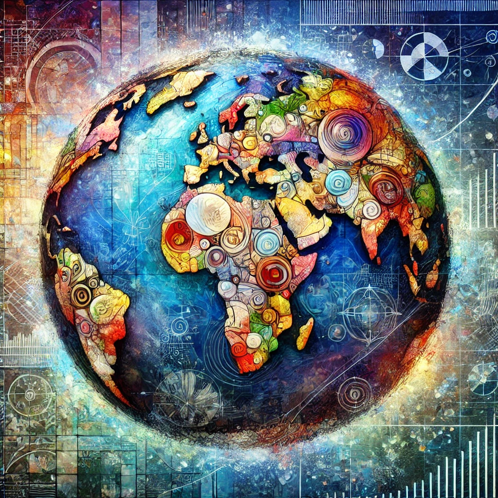 Artistic representation of a globe depicting the global art market with different art styles and financial symbols.