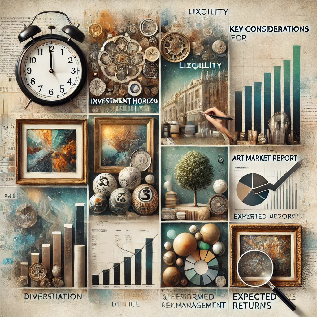 An artistic representation of key considerations for art investment, featuring a clock and calendar, diverse artworks, a magnifying glass over a market report, and a bar graph