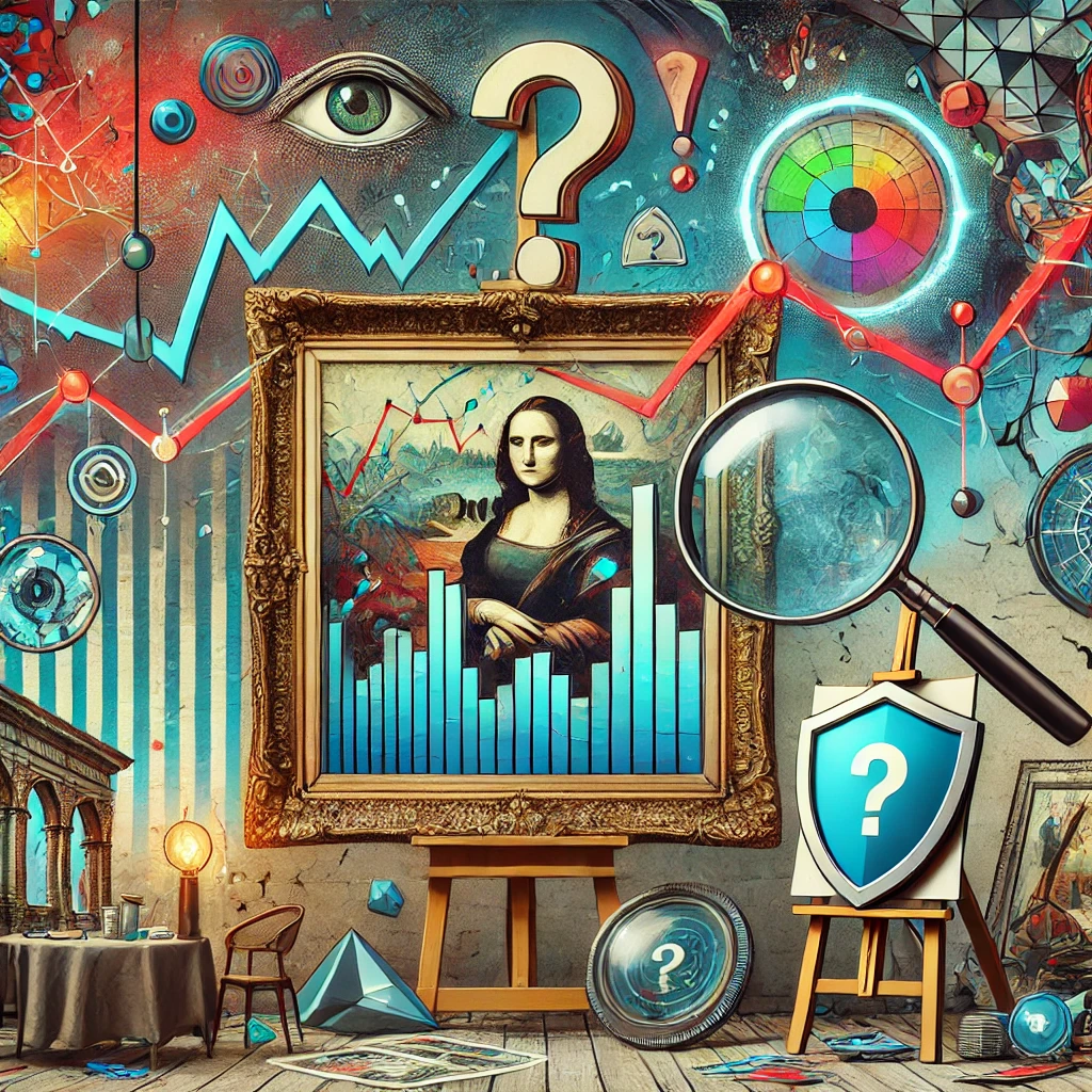 An artistic representation of the risks in art investment, featuring a cracked picture frame, market graphs, a magnifying glass, and a shield symbolizing risk management strategies.