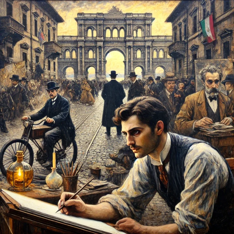 A scene set in late 19th and early 20th century Italy, with a bustling city in the background, reflecting political upheaval and artistic transformation.