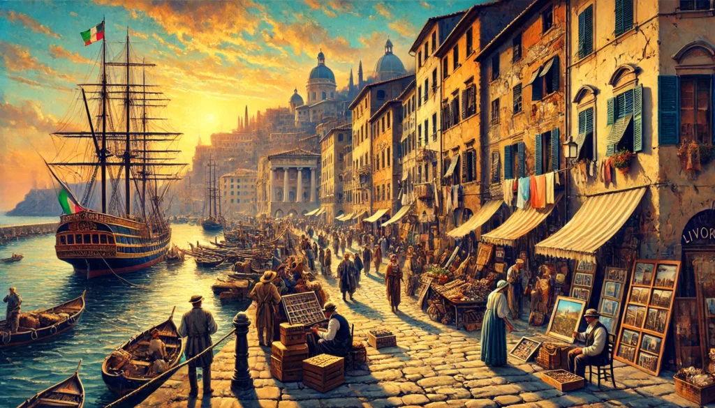 A vibrant depiction of Livorno, Italy in the late 19th century, featuring a busy port with ships, cobblestone streets, artists painting, and a warm sunset glow.