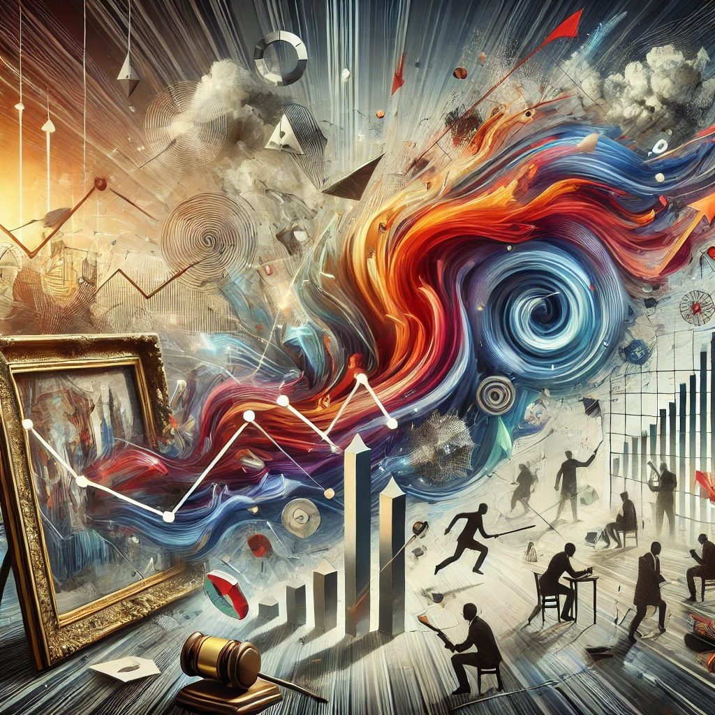 An artistic representation of volatility in the art market, featuring a dynamic scene with swirling colors, fragmented art pieces, fluctuating graphs, and market instability symbols.